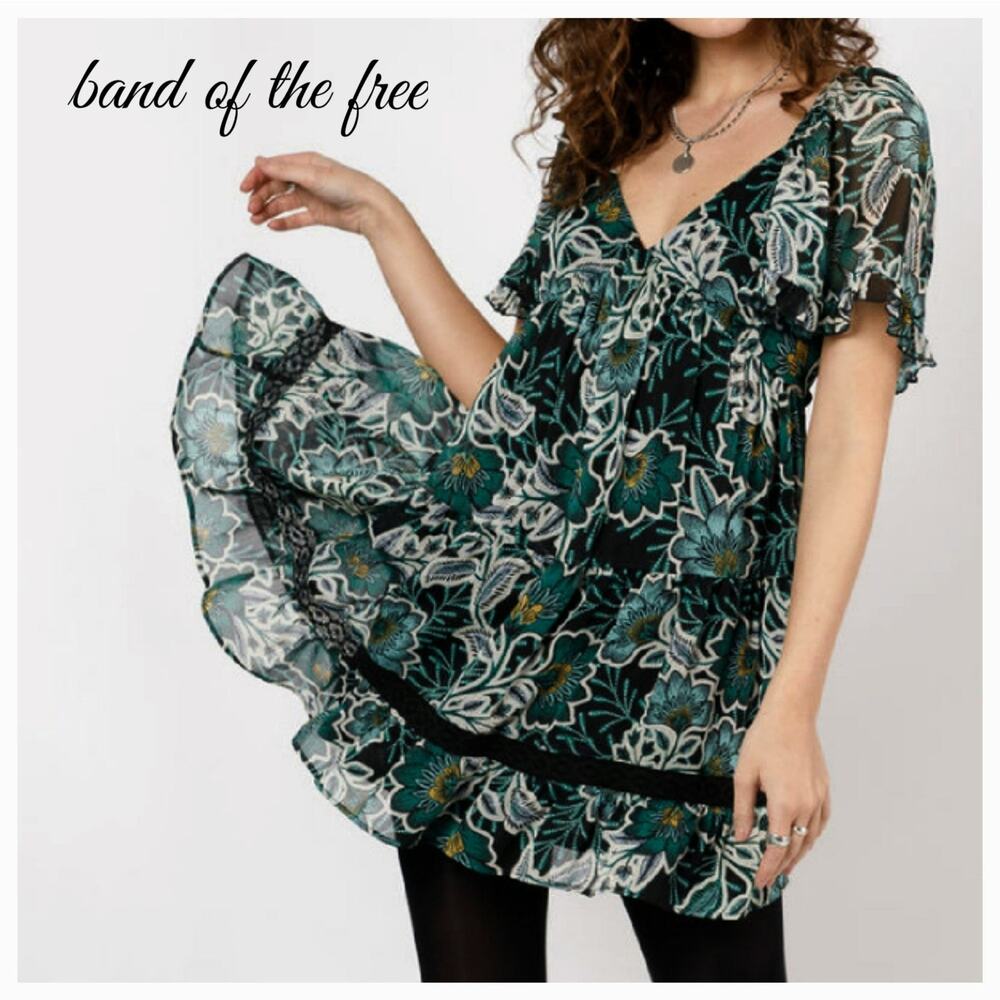 NWT B.O.G. Band‎ of the Free Maisie Floral Mini Dress Sz. XS [2] Black Emerald